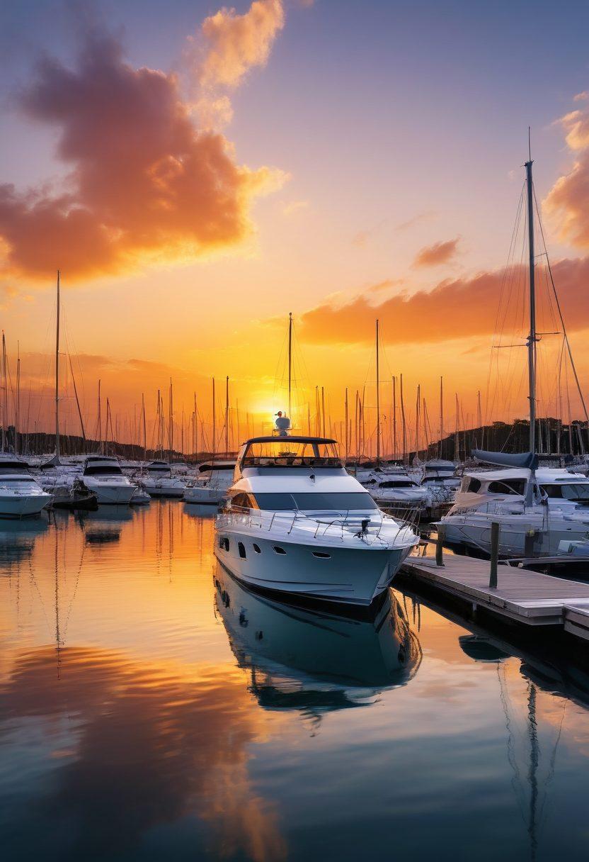 A serene harbor scene featuring a beautifully maintained yacht surrounded by calm waters, showcasing a protective cover over the boat. In the background, a vibrant sunset casts warm hues across the sky, while silhouettes of other yachts and docks create a picturesque marina atmosphere. Include elements such as marine insurance icons subtly integrated into the water design to emphasize the theme of protection. super-realistic. vibrant colors. white background.