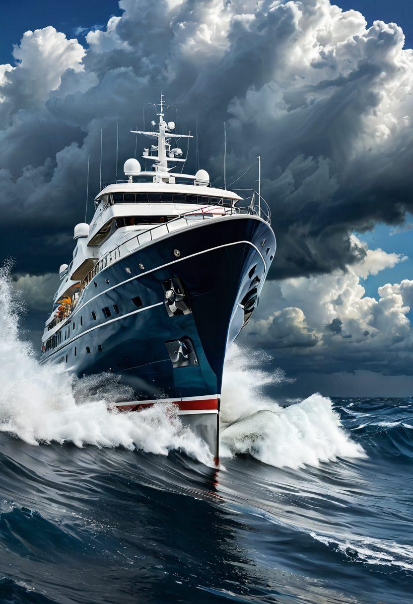 A luxurious yacht navigating rough seas, symbolizing risk, with stormy clouds above and a bright horizon in the distance. Include elements of safety gear, insurance documents, and a thoughtful captain at the helm, conveying the theme of risk management. Stylish infographic elements showcasing insurance options subtly integrated into the wave patterns. super-realistic. dramatic lighting. vibrant colors.