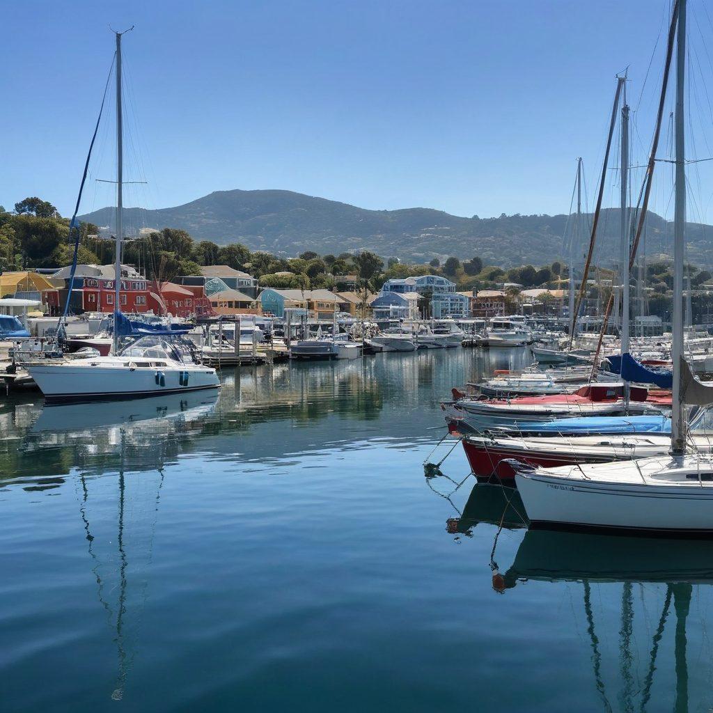 A serene marina scene showcasing various boats moored peacefully and a pair of sailboats gliding through calm waters. Include a confident boat owner reviewing a safety insurance checklist, surrounded by safety gear like life jackets and fire extinguishers. The image should capture a clear blue sky, gentle ripples on the water, and a hint of community in the background with people enjoying the harbor. vibrant colors. super-realistic.